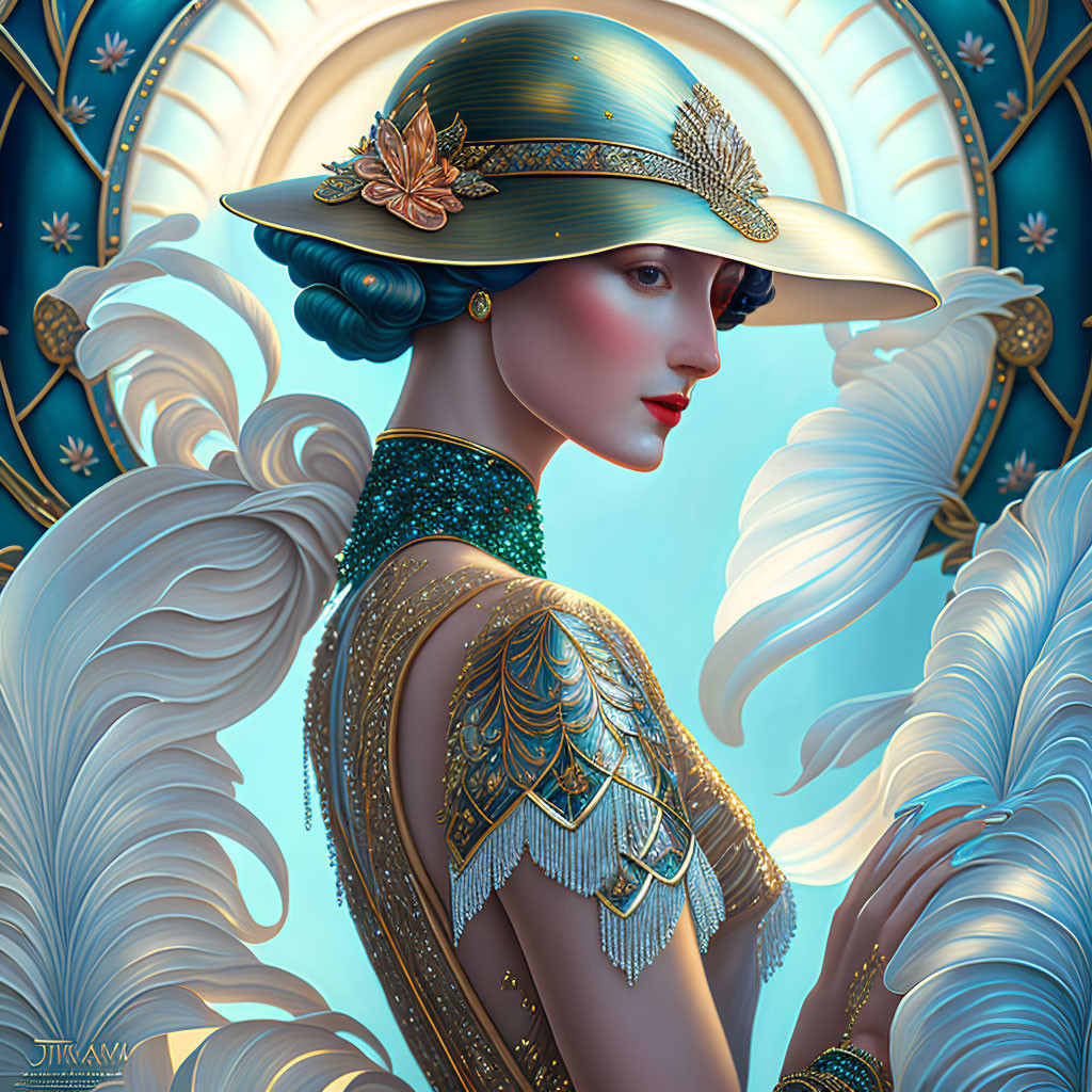 Stylized illustration of woman with blue hair in ornate outfit against art nouveau backdrop