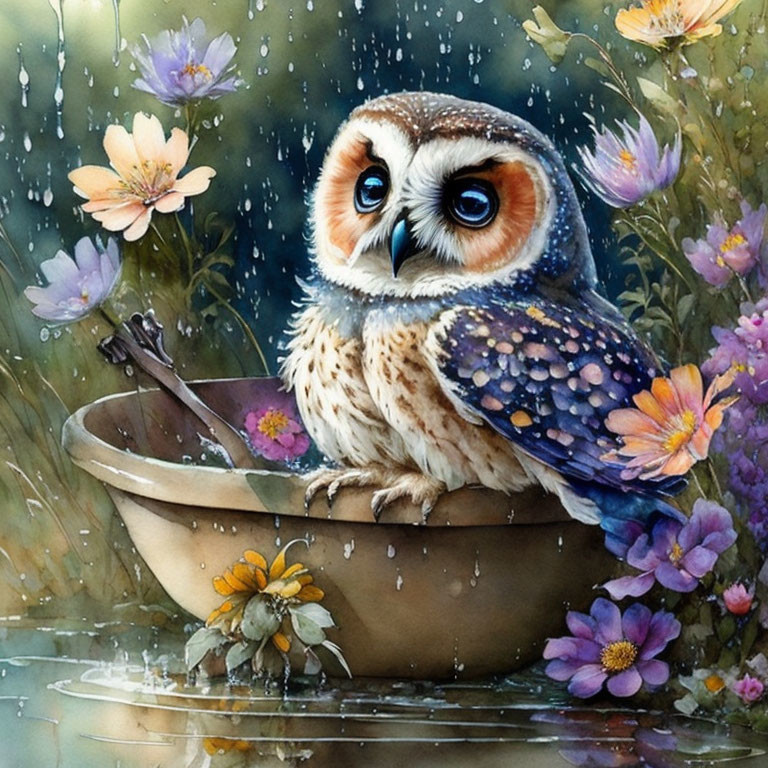 Illustrated owl in tub with expressive eyes and vibrant flowers in gentle rain