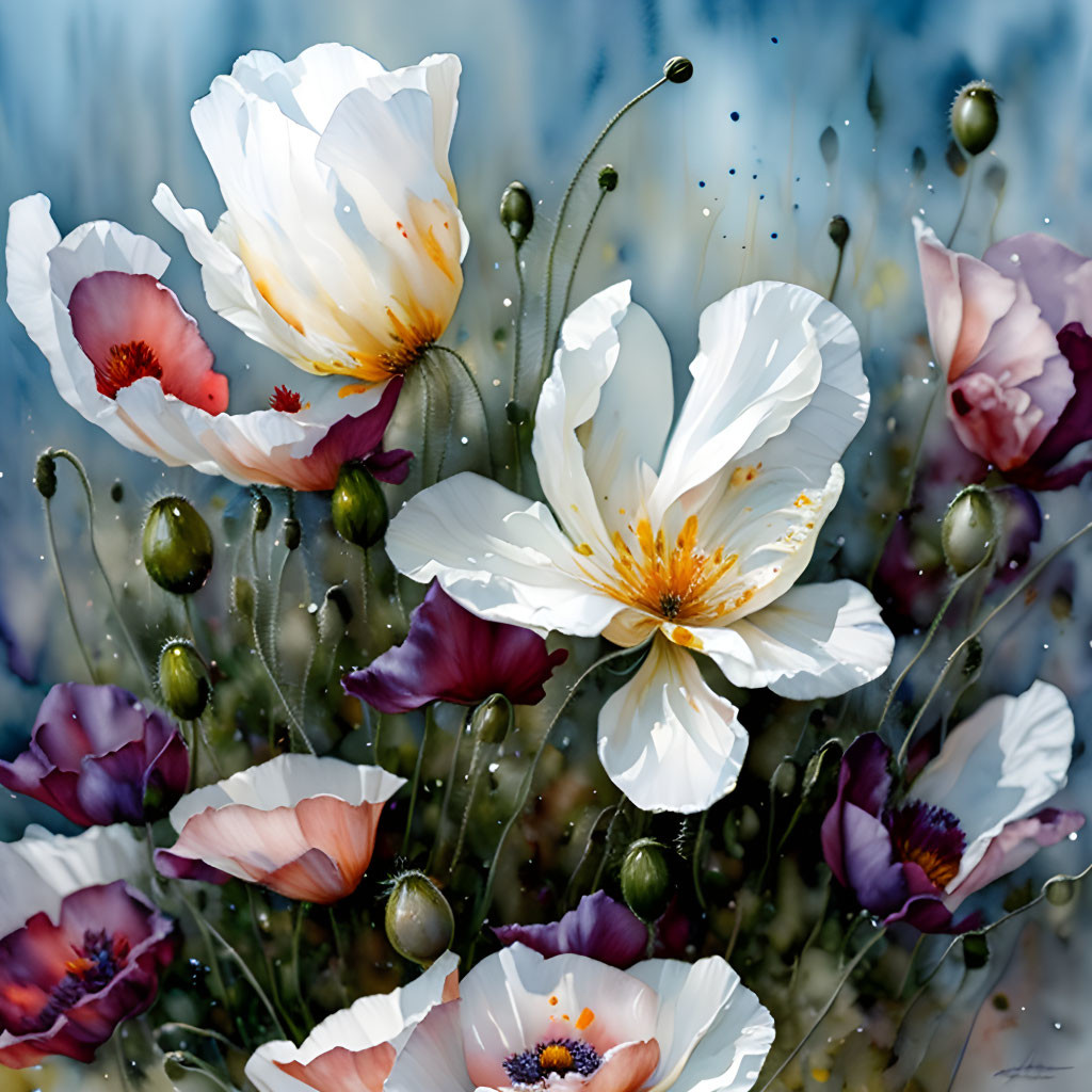 Close-up of white and pastel poppies with golden centers and dewdrops.