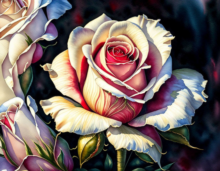 Colorful rose painting with white to pink gradient on dark background