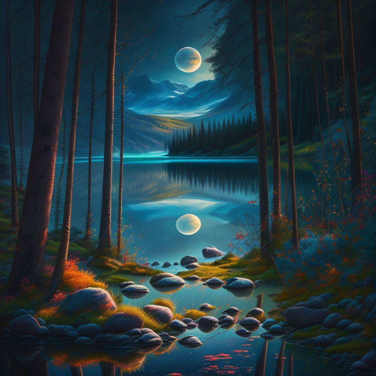 Tranquil full moon night scene with lake, pines, and mountains