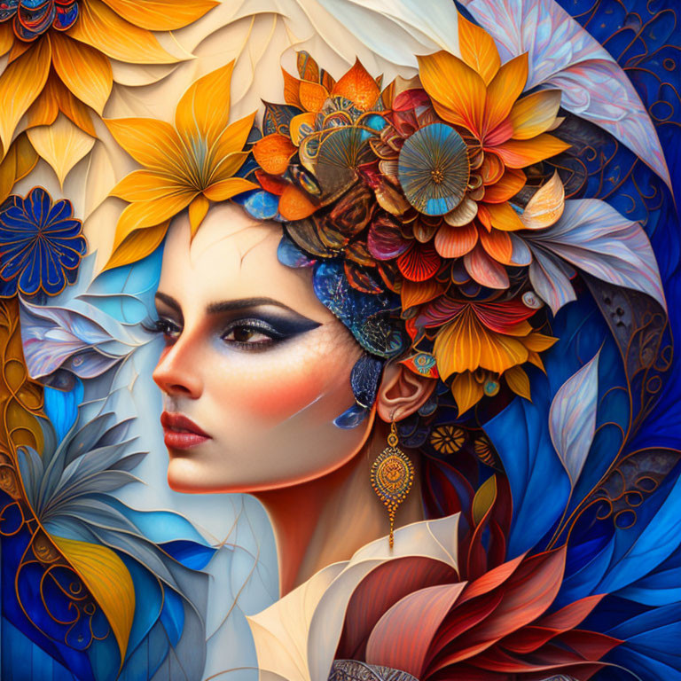 Colorful Floral Patterns Surrounding Woman's Face