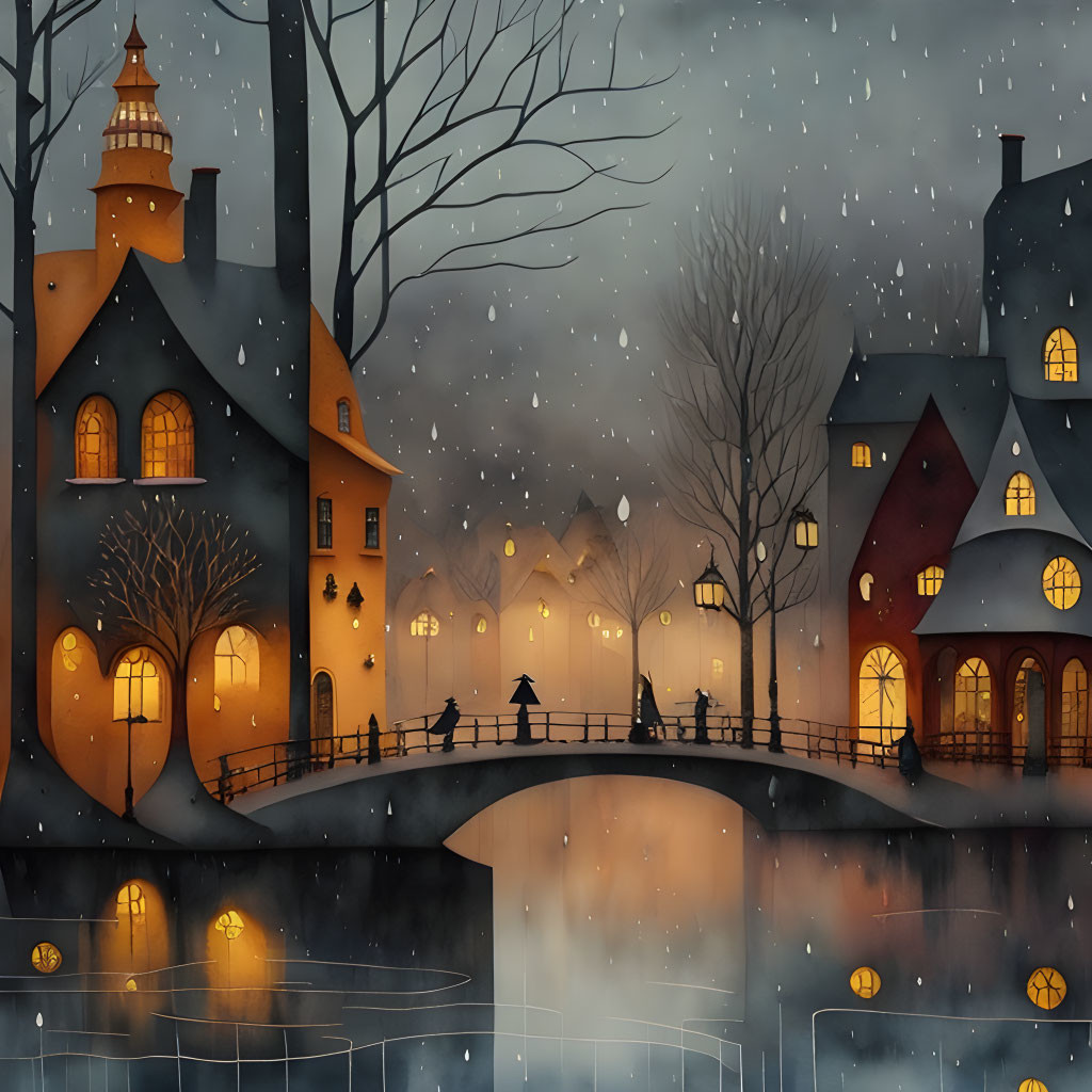 Snowfall Scenery: River, Lit Houses, Bridge, Silhouettes