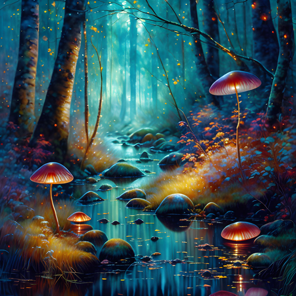 Enchanted forest scene: glowing mushrooms, tranquil stream, fireflies, mystical blue light