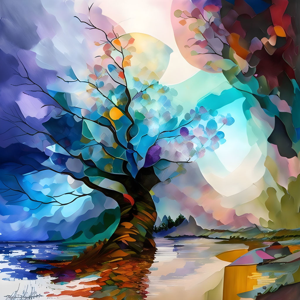 Colorful Stylized Tree Painting by Water with Vibrant Sky