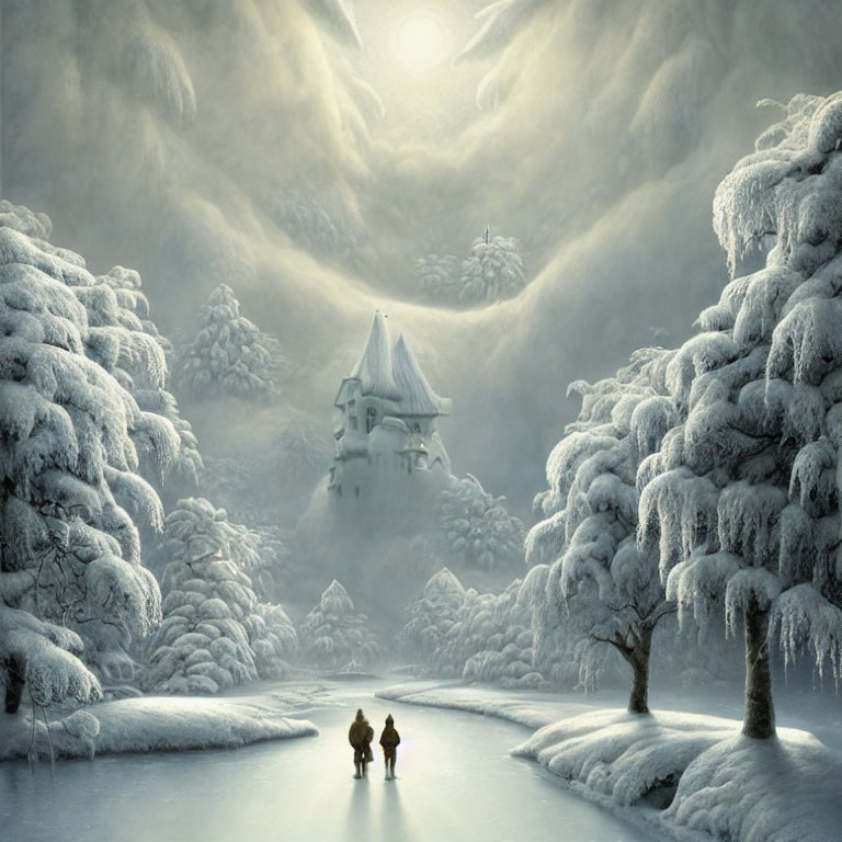 Snowy winter path with figures walking towards illuminated castle