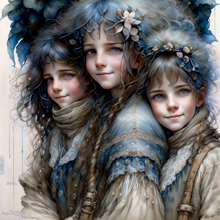 Children in ornate headpieces and vintage attire with captivating blue eyes.