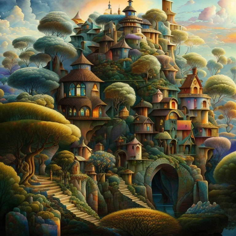 Fantastical castle with turrets in twilight forest landscape