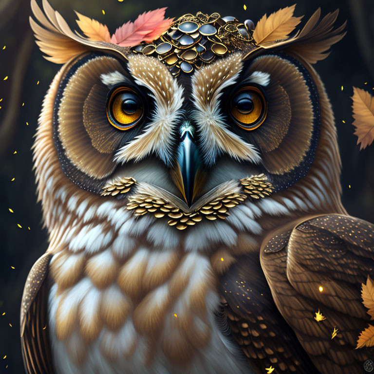 Detailed illustration of owl with expressive eyes, bejeweled headpiece, surrounded by falling leaves and