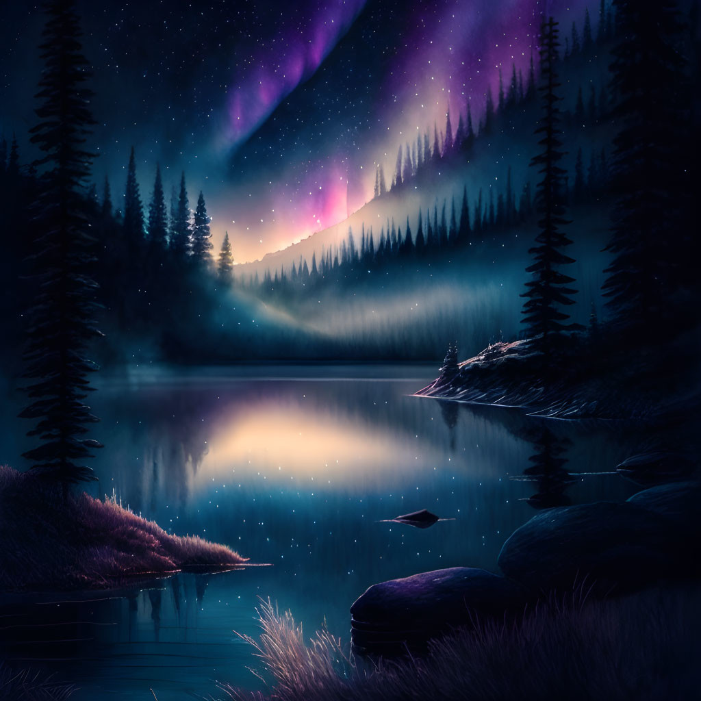 Tranquil night landscape with starry sky, aurora borealis reflections, lake, pine trees