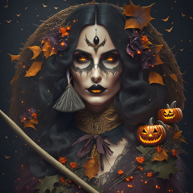 Stylized portrait of woman with Halloween makeup, autumn leaves, pumpkins, bats, broom