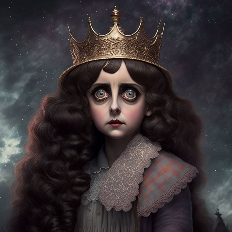 Surreal portrait of girl with large eyes and golden crown in cosmic setting