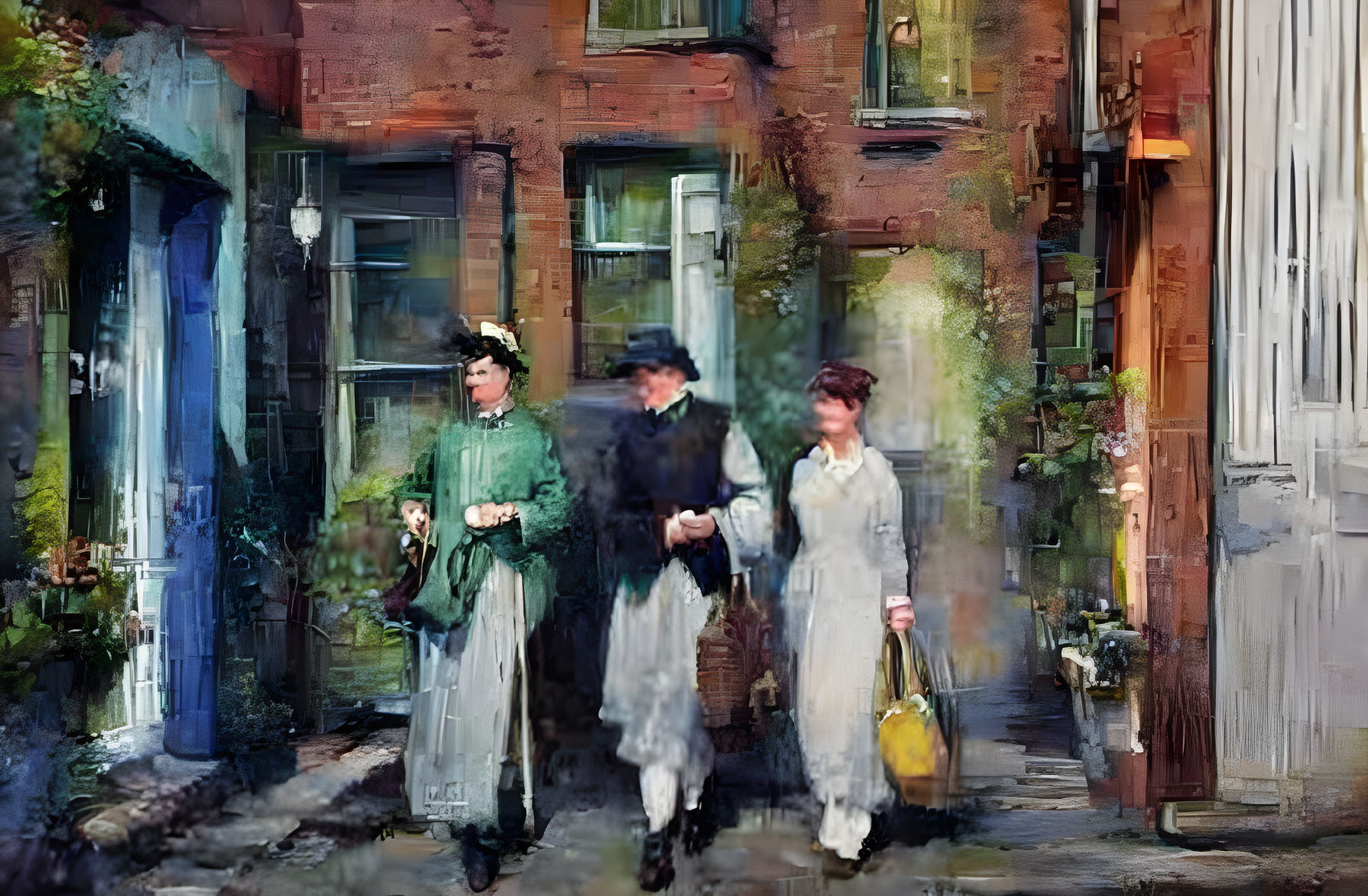 Vintage Attired Trio Strolling Vibrant City Street