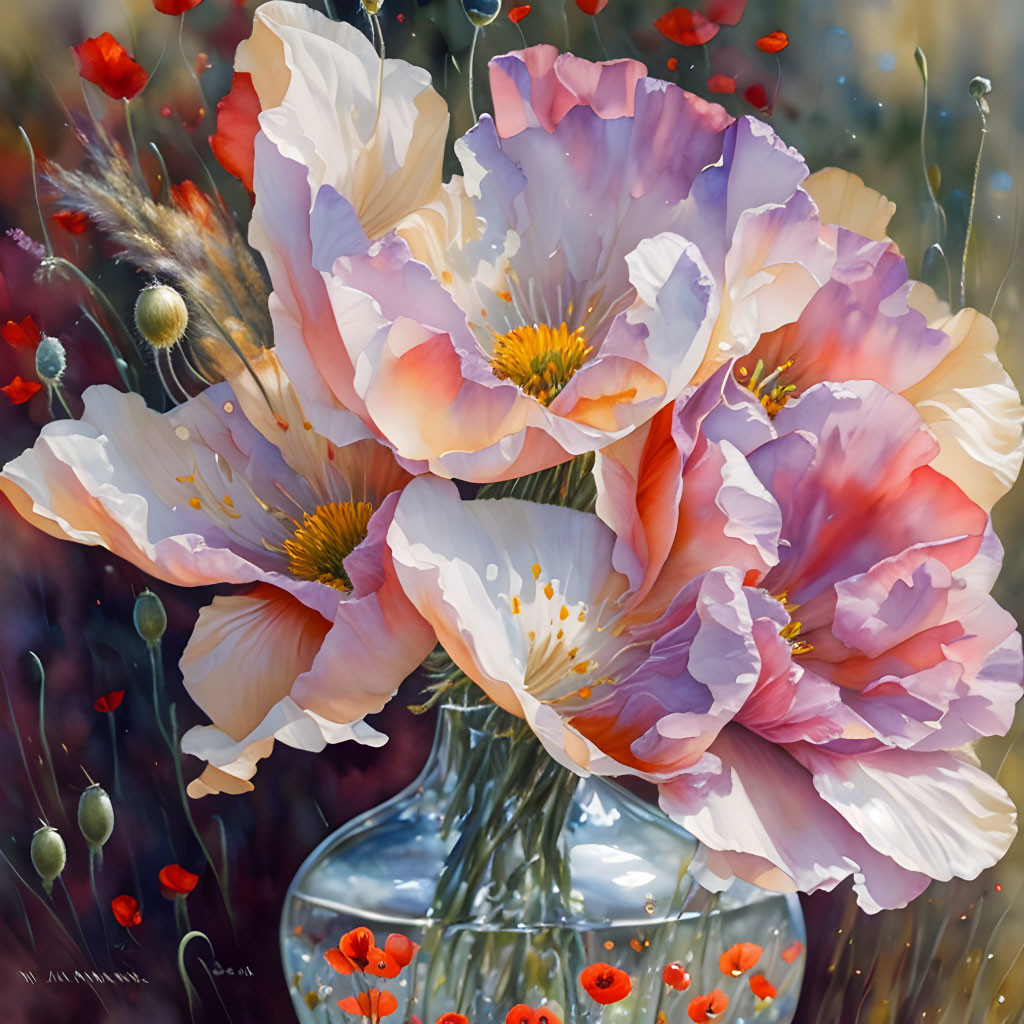 Colorful painting of pink poppies in vase with red buds on soft background