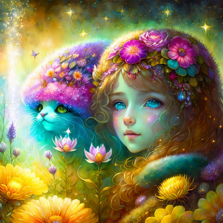 Whimsical artwork of girl with blue eyes and fantastical cat in galaxy hat