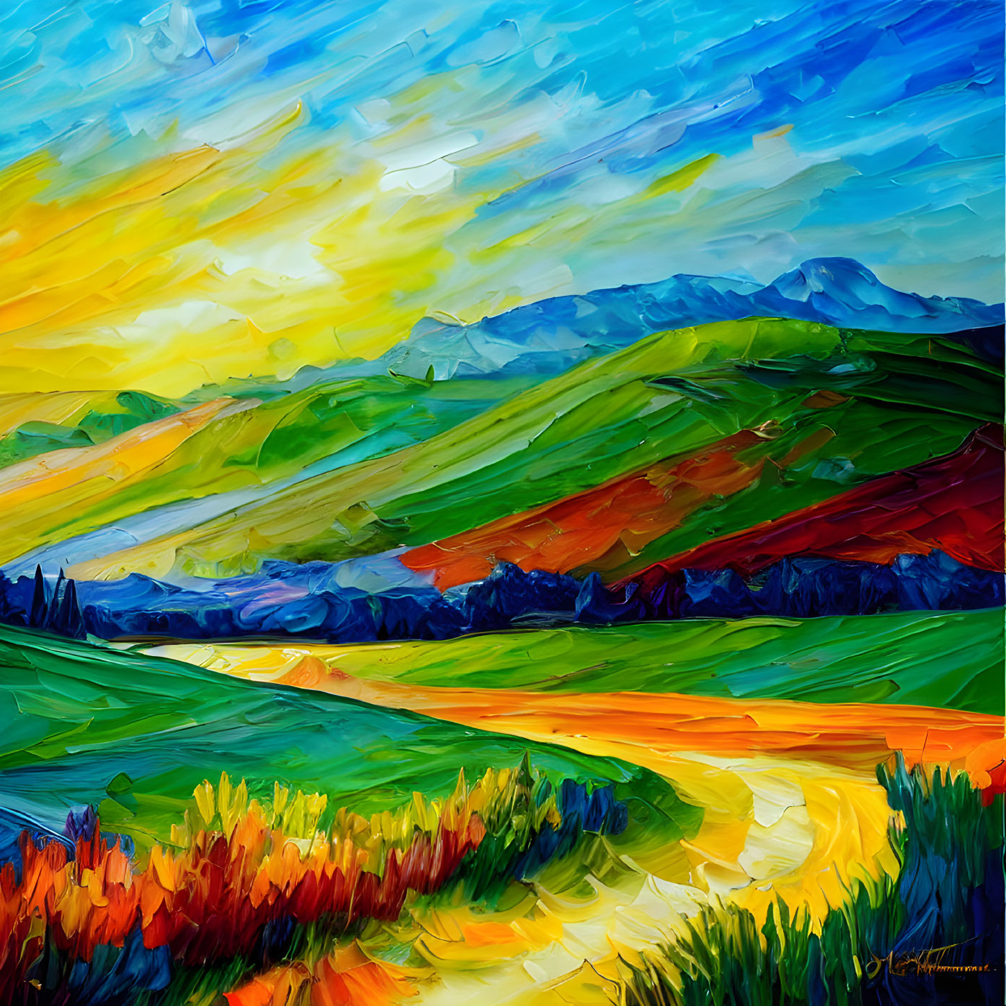 Colorful Impressionistic Landscape with Rolling Hills and Mountain Range