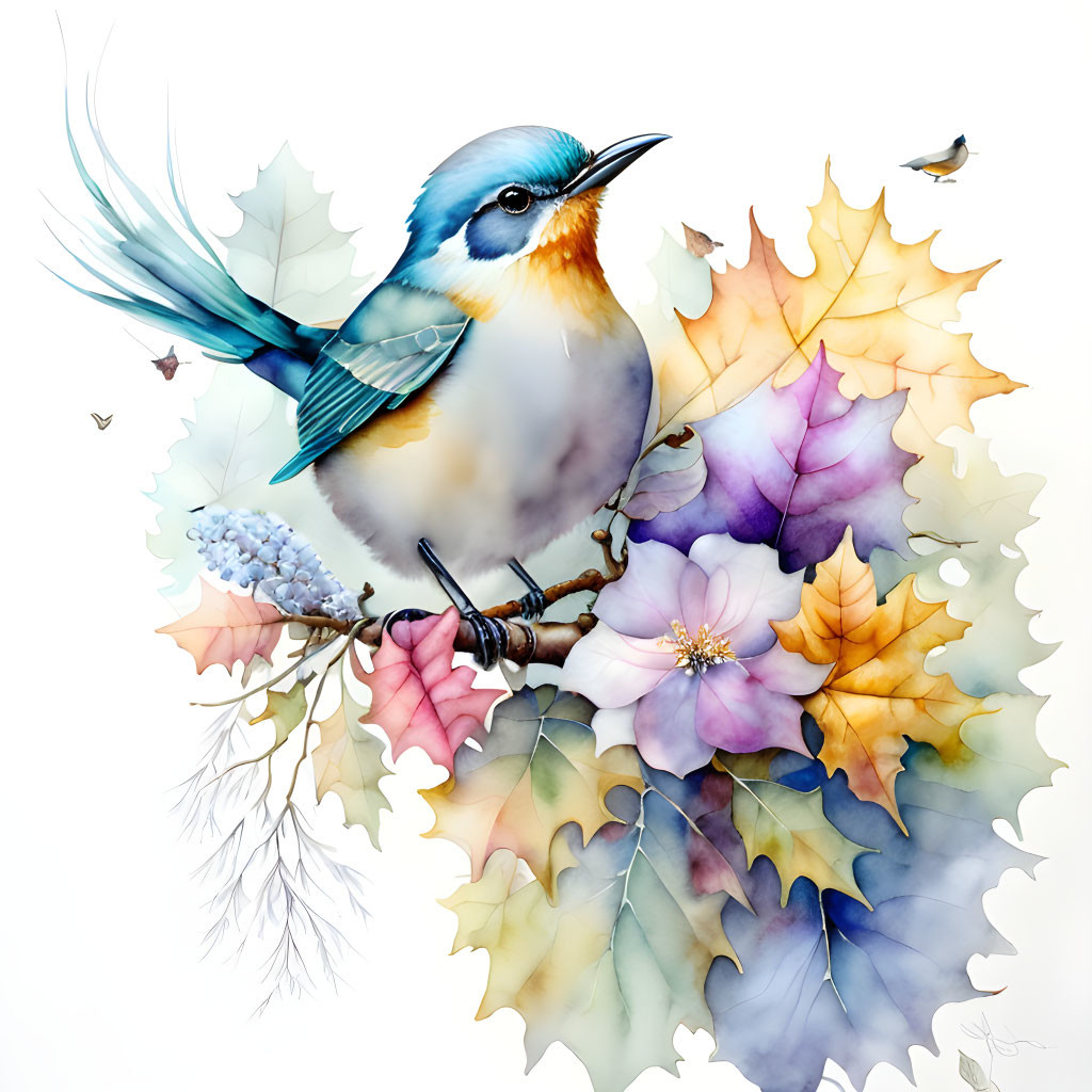 Colorful Bird on Branch Surrounded by Pastel Leaves and Flowers