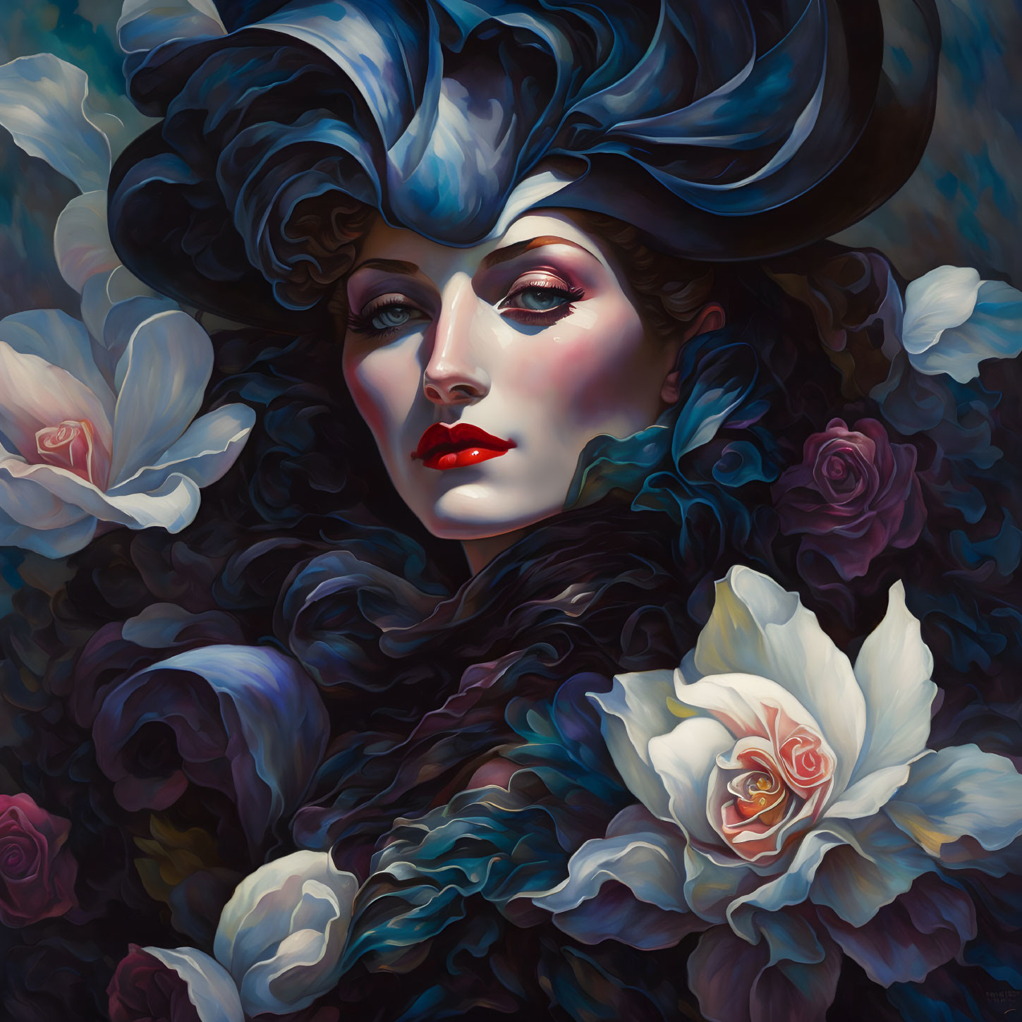 Stylized portrait of a woman with pale skin and red lips in ornate hat surrounded by roses