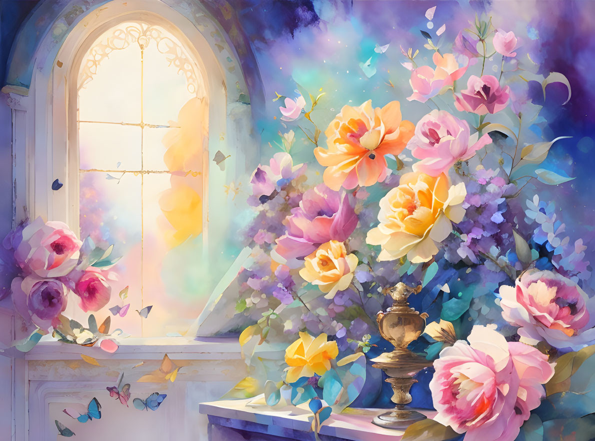 Colorful Flower Painting with Golden Light Through Window