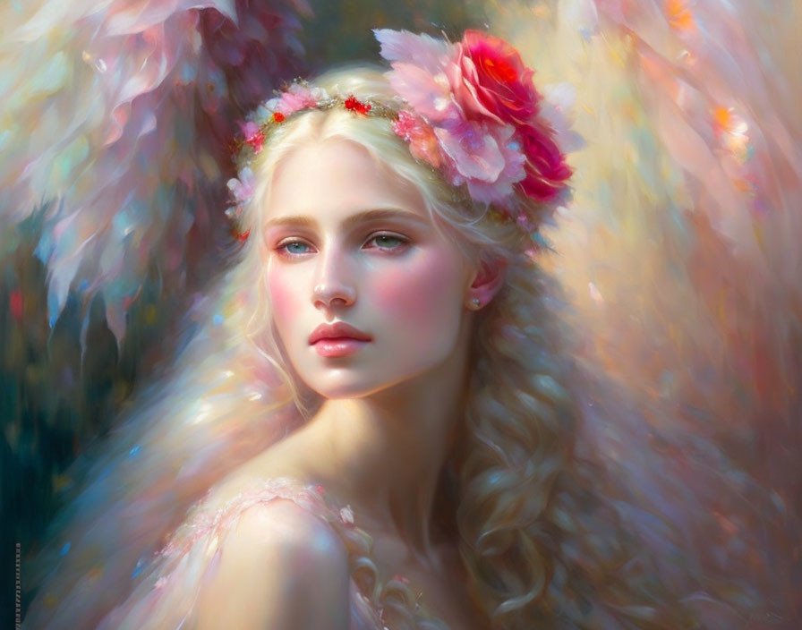 Woman Portrait with Floral Headpiece and Soft-focus Pastel Background