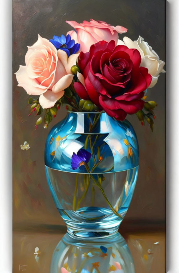 Blue Vase Still Life Painting with Roses and Flowers