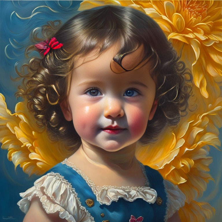 Toddler with Curly Hair in Blue Dress by Large Yellow Flower