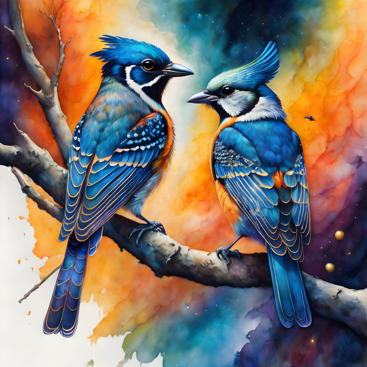 Stylized blue jays on branch in vibrant watercolor scene