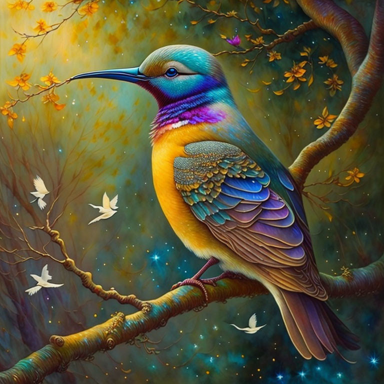 Colorful bird perched in magical forest with glowing leaves