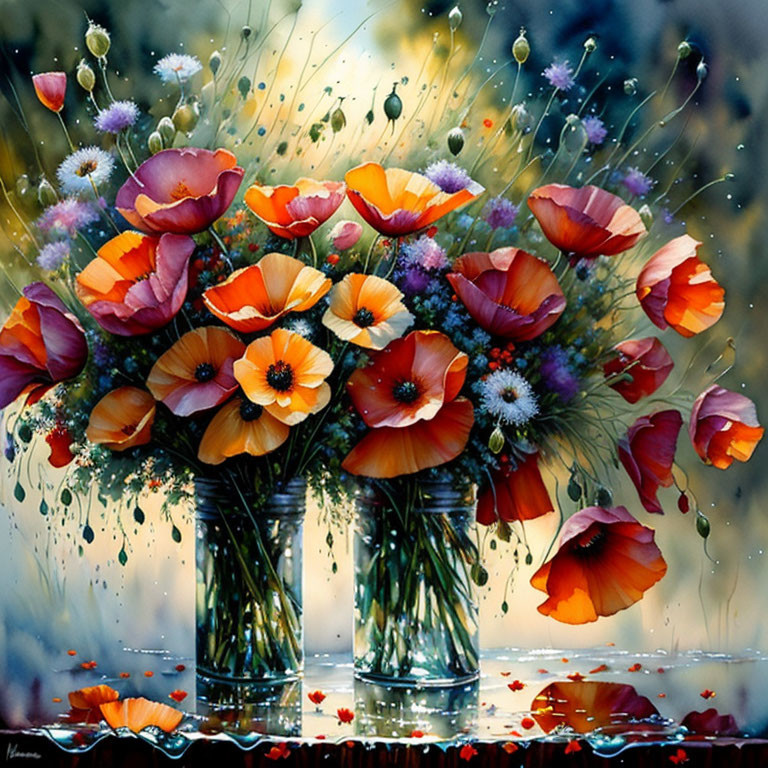 Colorful painting of red and orange poppies in glass vases on dewy backdrop