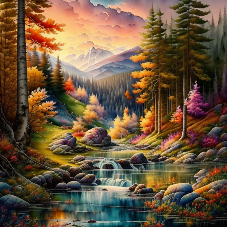 Serene forest landscape with waterfall, river, and mountains at sunset