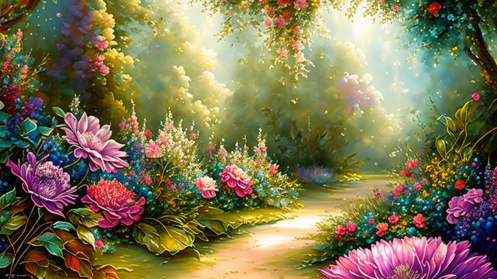 Lush Flower Garden Path Bathed in Warm Sunlight