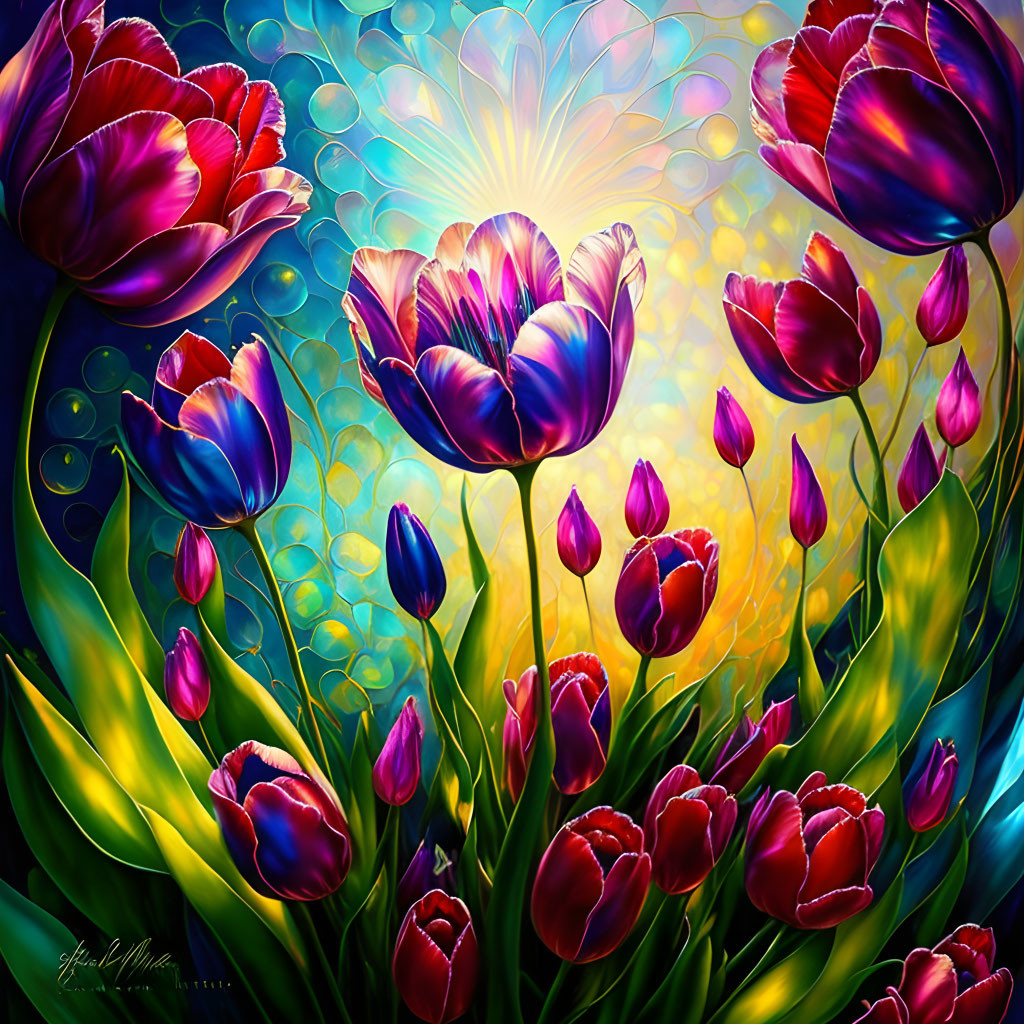 Colorful stylized tulip painting with radiant hues on blue-green backdrop