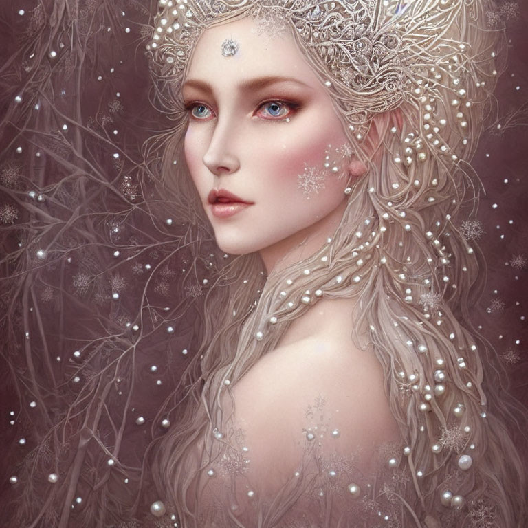 Fantasy illustration of woman with snowflake-inspired headpiece and delicate motifs