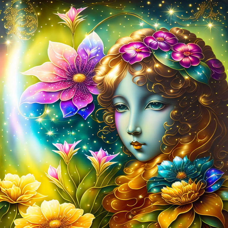 Colorful Woman's Face with Floral Elements in Golden Hues