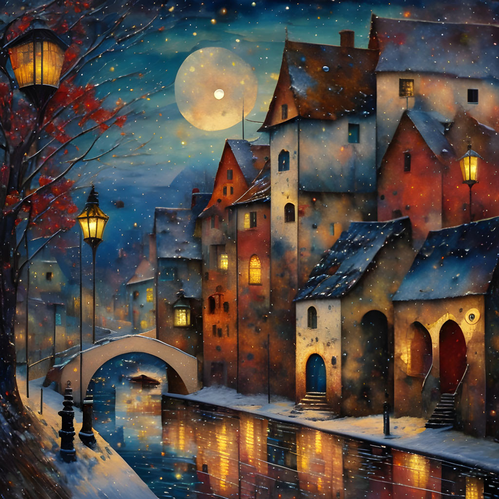 Snow-covered medieval houses by canal at night under full moon