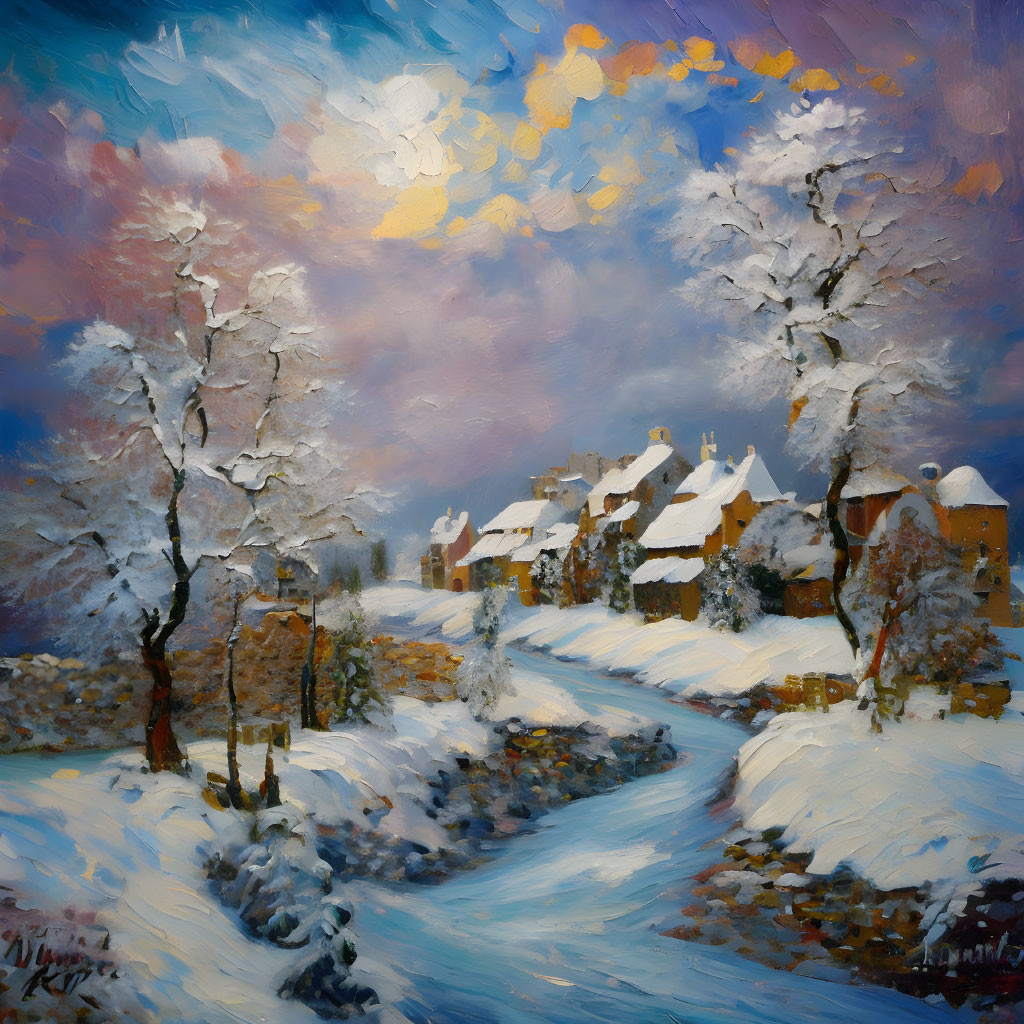 Snow-covered village oil painting with prominent trees, winding river, and cloudy sky