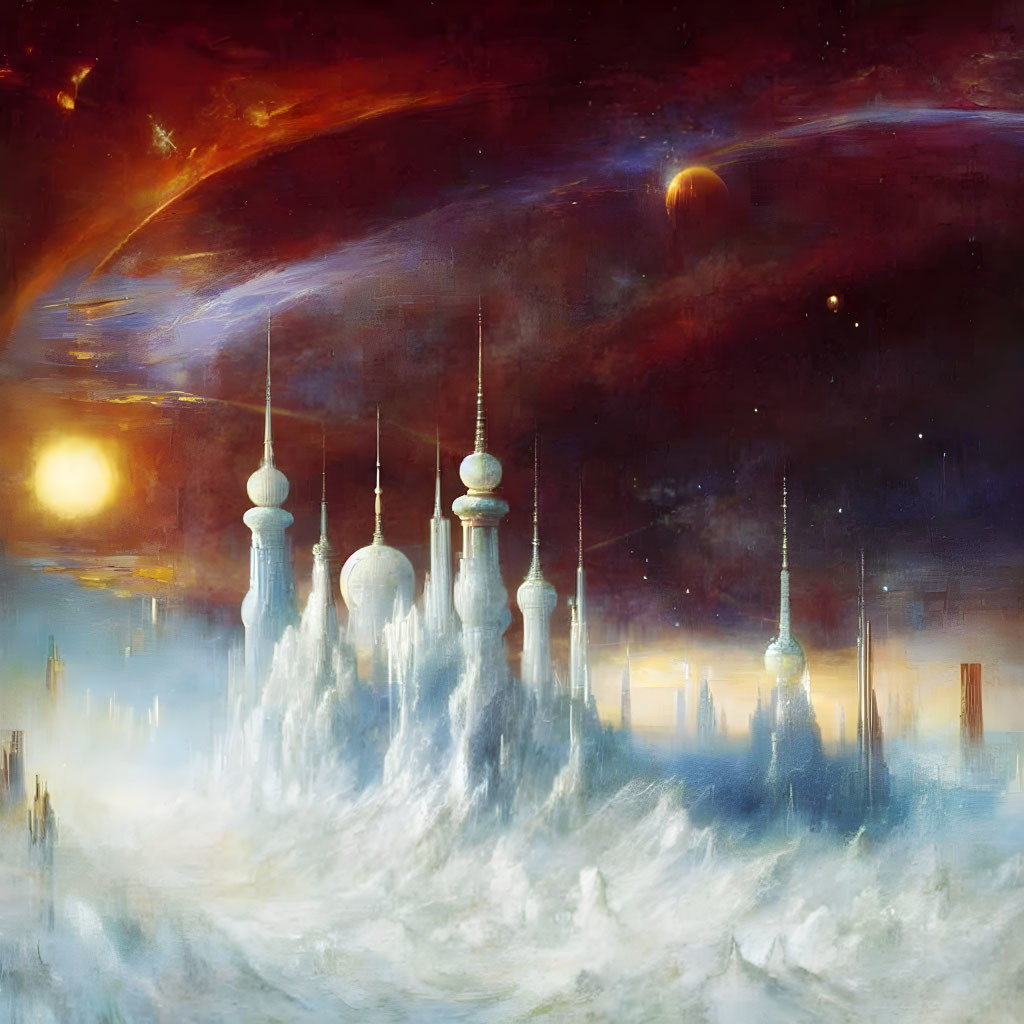 Fantastical cosmic cityscape with towering spires under star-studded galaxy