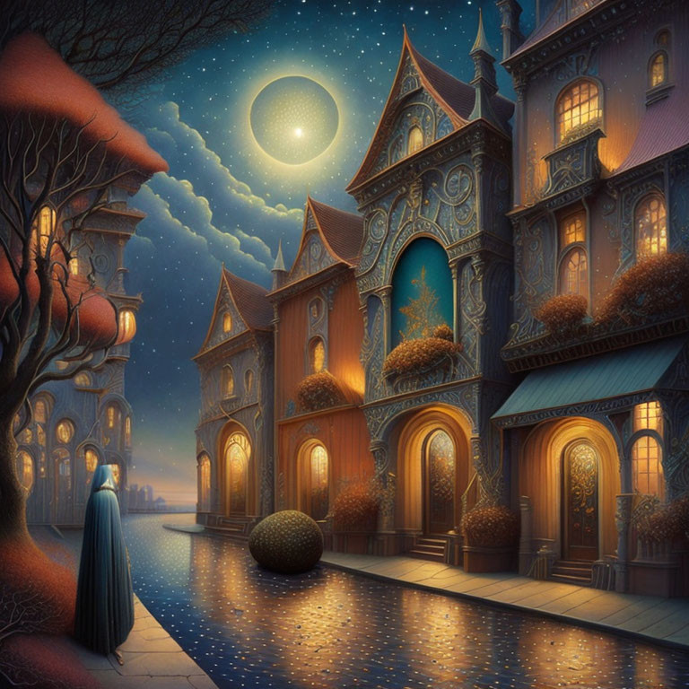 Mysterious figure by canal with Victorian houses under moonlit sky