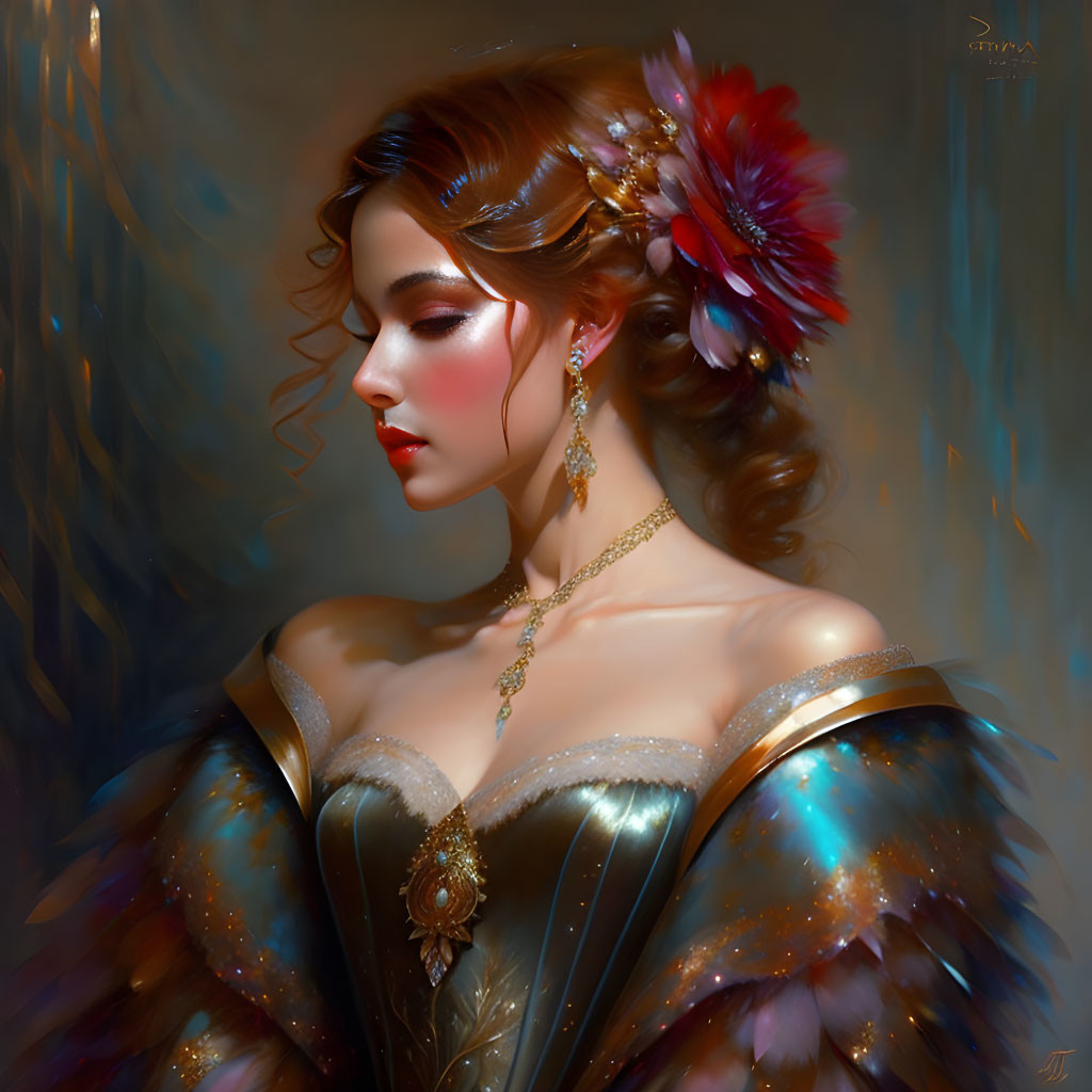 Digital painting of woman in feathered headpiece and gown