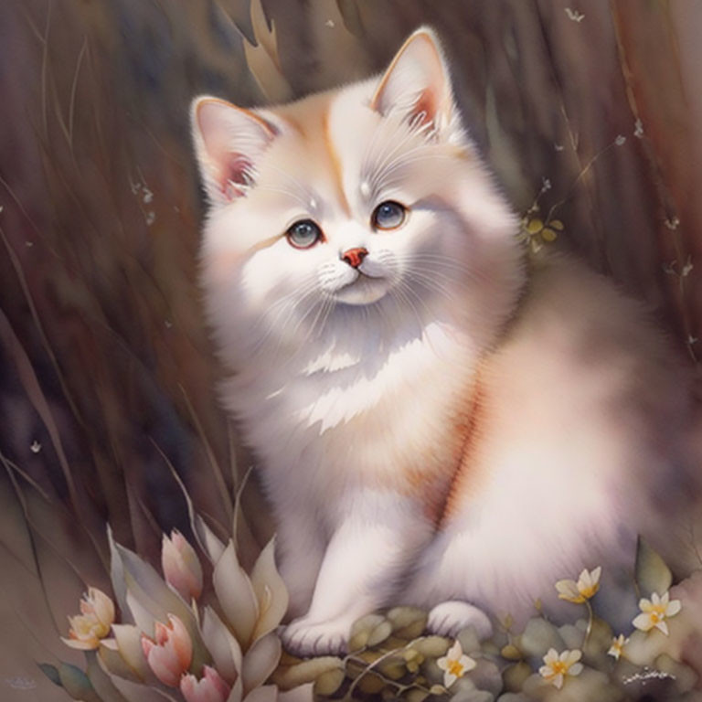 Cream-colored kitten with blue eyes among delicate flowers on earthy backdrop