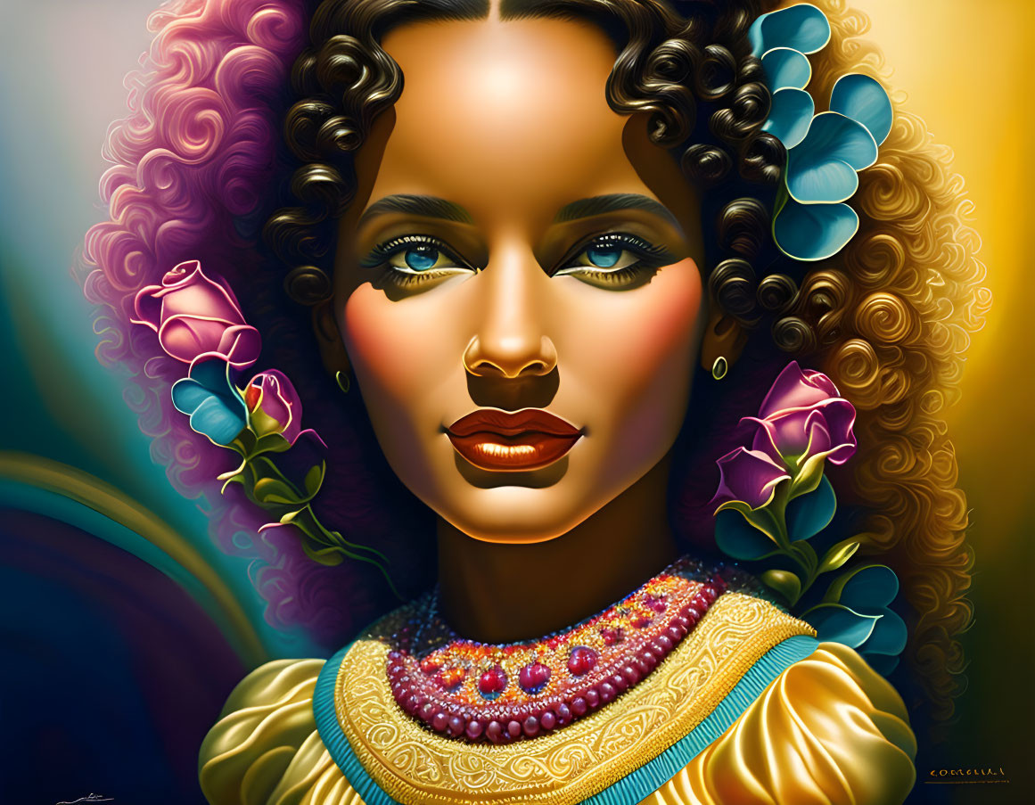 Colorful portrait of woman with curly hair and flowers on vibrant background