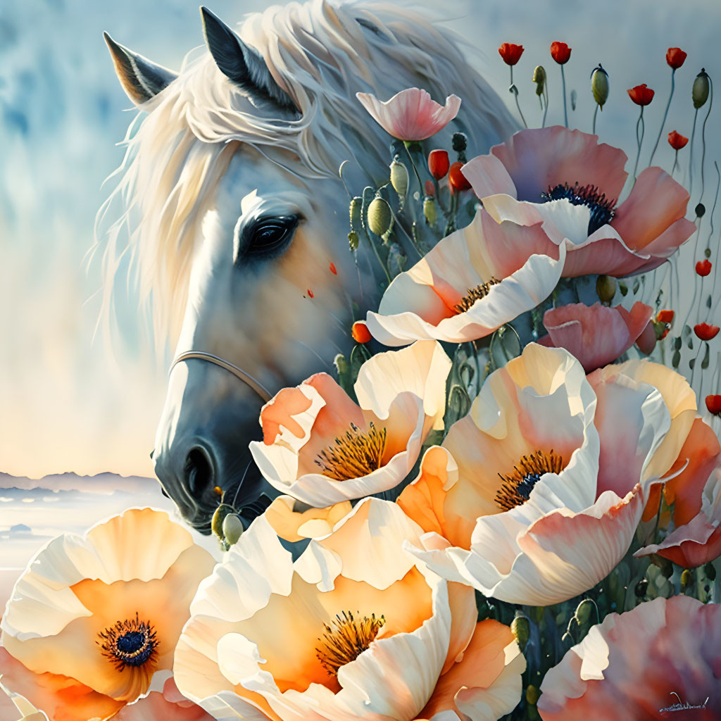 White Horse Head Emerging from Vibrant Orange Poppies in Misty Landscape