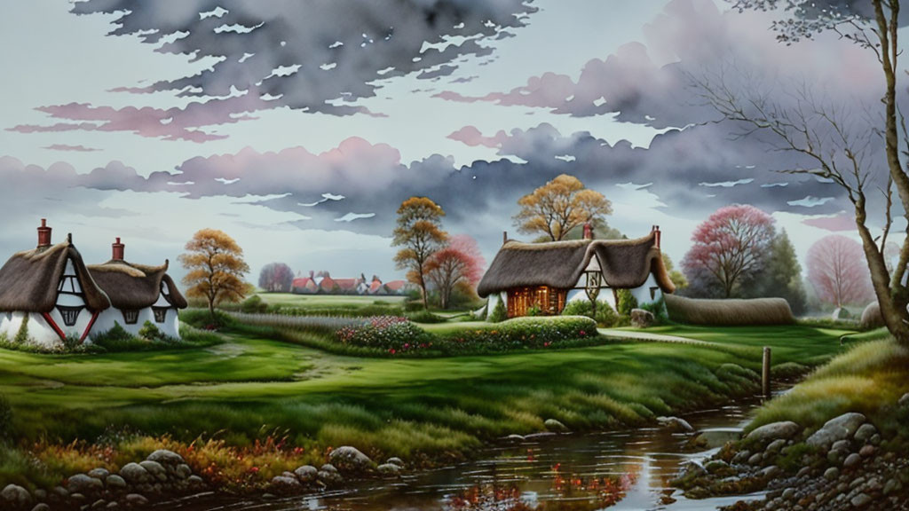 Tranquil rural landscape at dusk with thatched cottages, stream, flowers, and trees