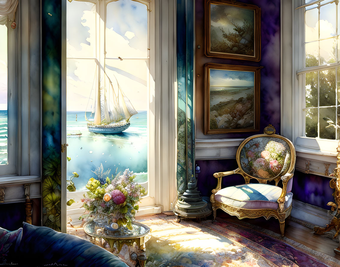 Vintage Decor Room with Sea View and Sailboat Painting