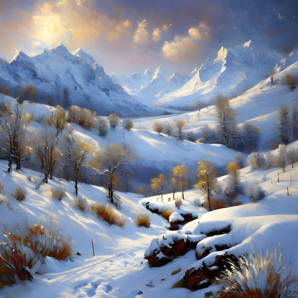 Snow-covered mountains under golden sunlight in serene winter landscape