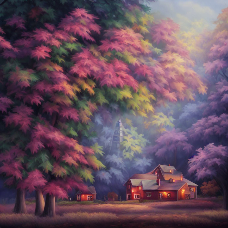 Cozy house in misty forest with glowing windows amid pink and purple trees