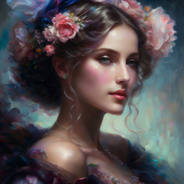 Portrait of Woman with Flowers in Hair and Soft Smile