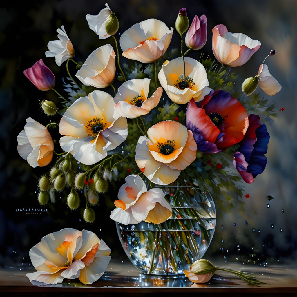 Colorful Poppy Still Life in Glass Vase on Dark Background