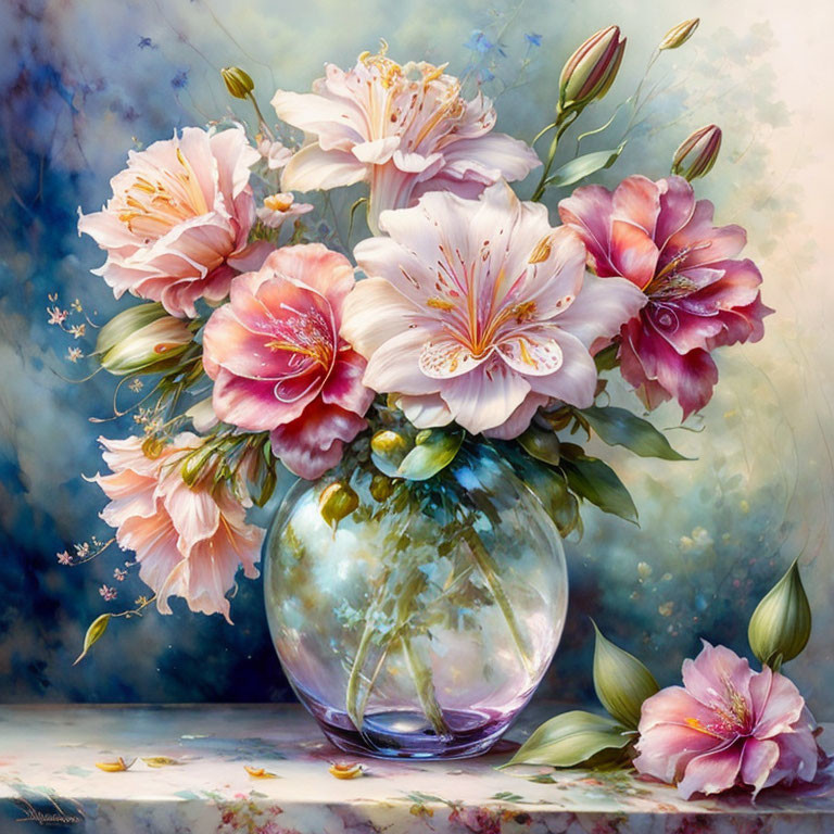 Pink Flowers in Glass Vase Oil Painting with Dreamy Background