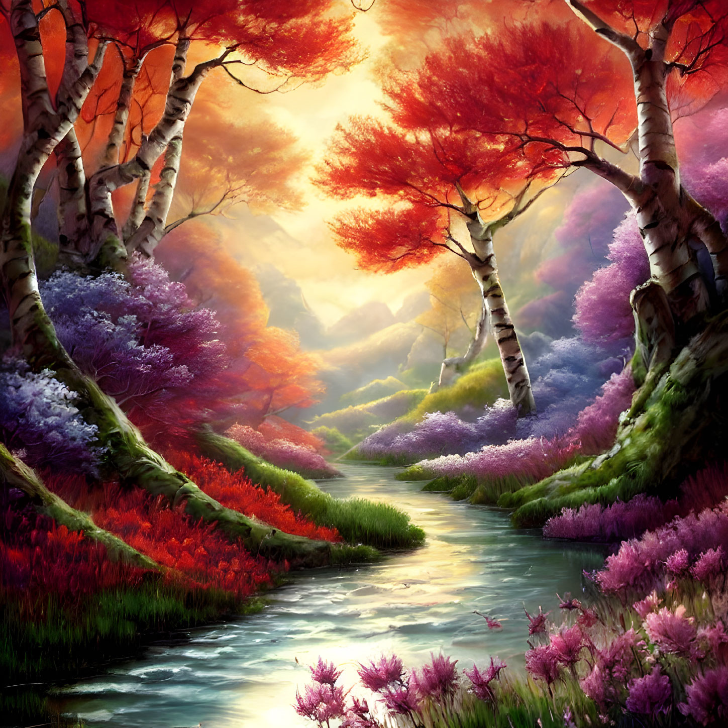 Colorful landscape with river, trees, and vibrant foliage under sunset sky